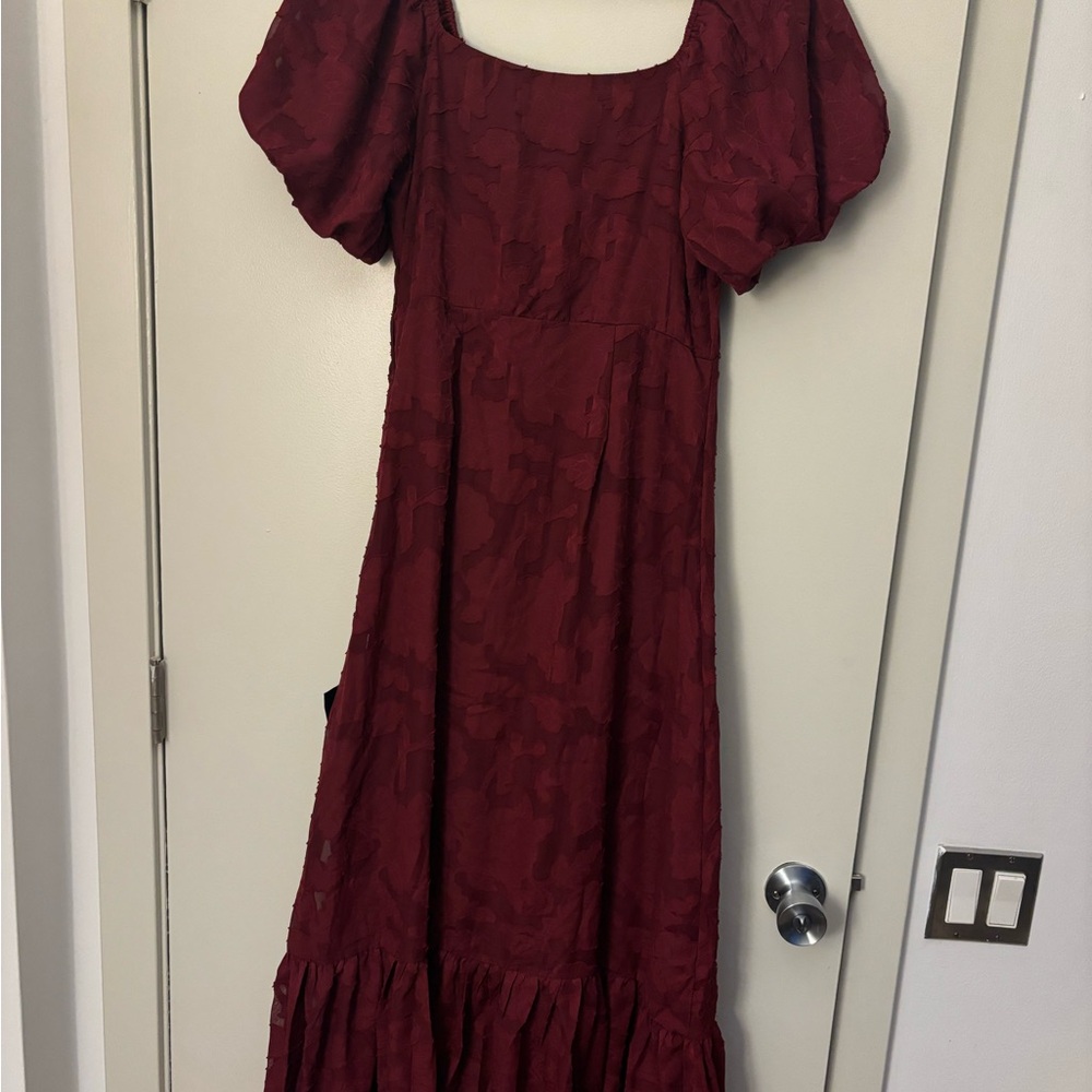 Red tiered maxi dress with puff sleeves